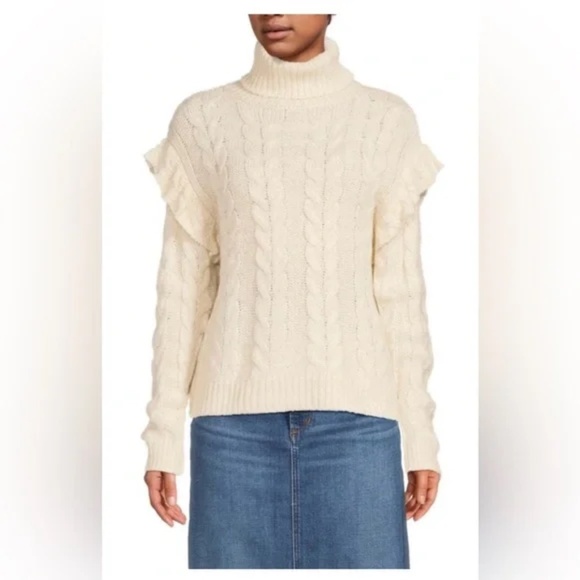 NWT JOE'S JEANS Ruffle Sleeve Cable Knit Turtleneck wool blend Sweater -  large - Picture 1 of 5